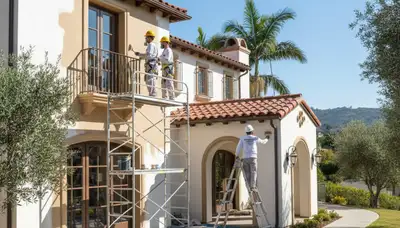 Professional painter in Anaheim, CA painting a home exterior with brush and roller